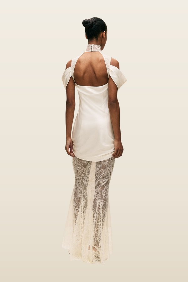 Belleza Maxi Dress In Ivory Silk Satin And Lace — model back