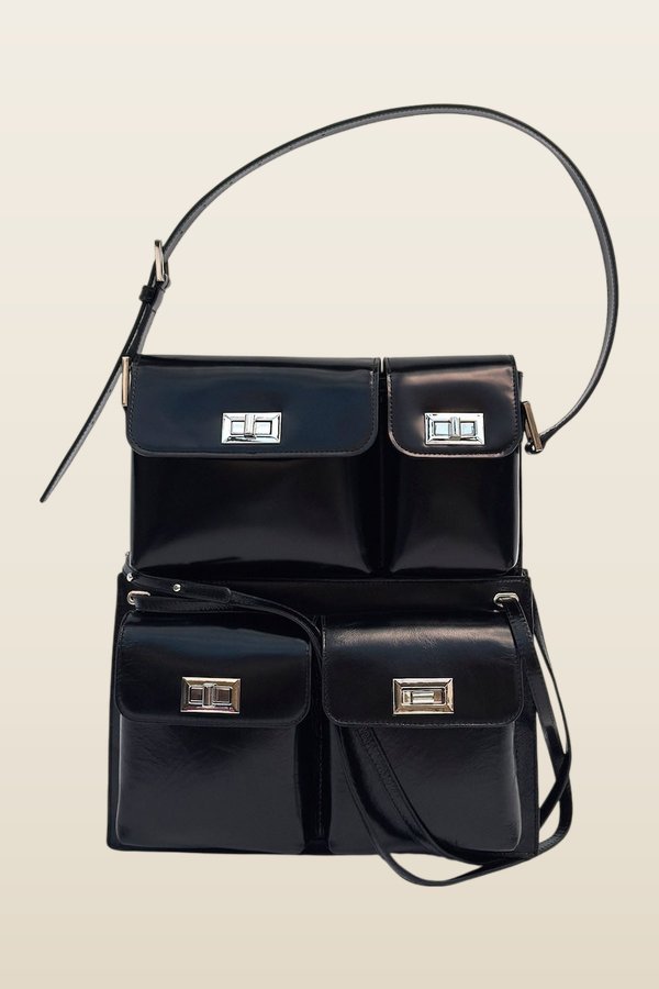 Billy Tote Black Creased Leather Shoulder Bag — model back