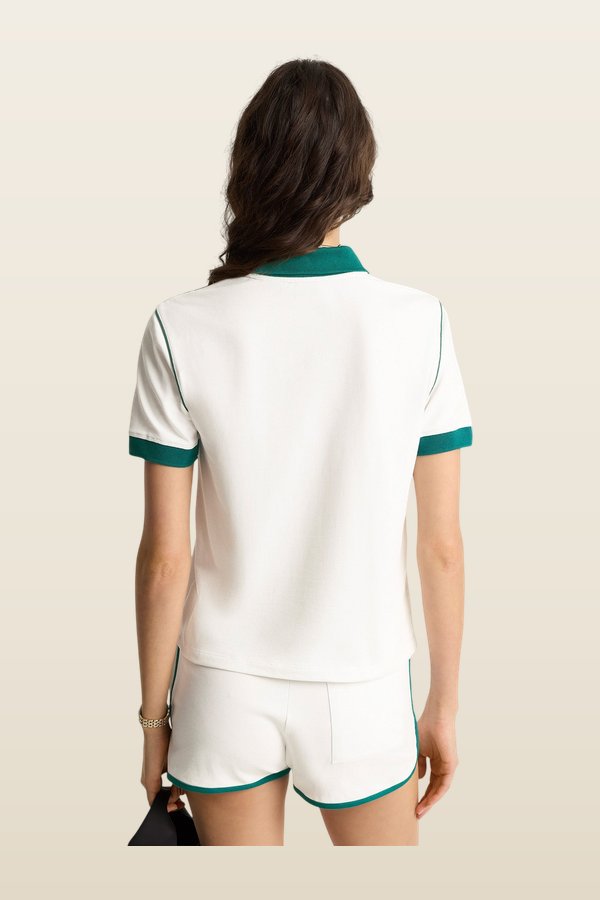 Crown 70s Pique Polo - White/Alpine — model back