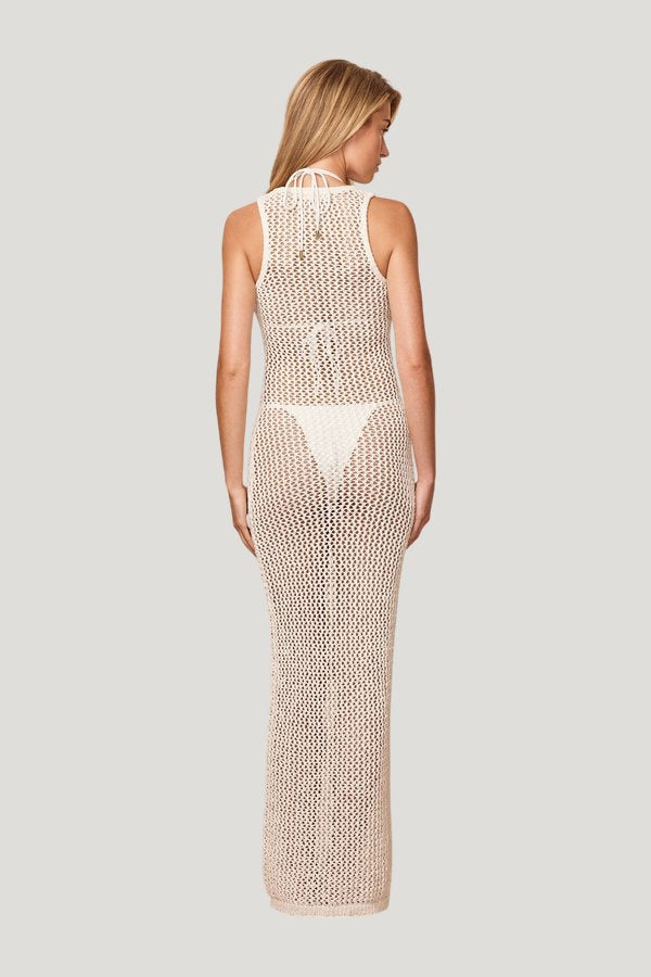 Monte Carlo Tie Dress - White Petit Crochet — model side