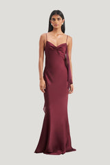 Ruched Bust Satin Slip Dress - Mulberry — model front