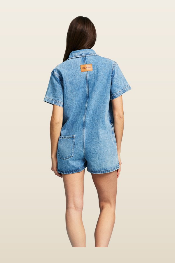 Short Sleeve Denim Romper - Vintage Wash — model back