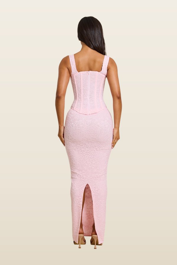 The Cinched Lace Corset Maxi Set in Baby — model back