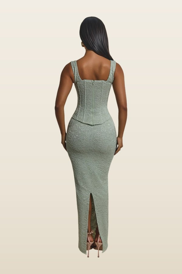 The Cinched Lace Corset Maxi Skirt Set — model back