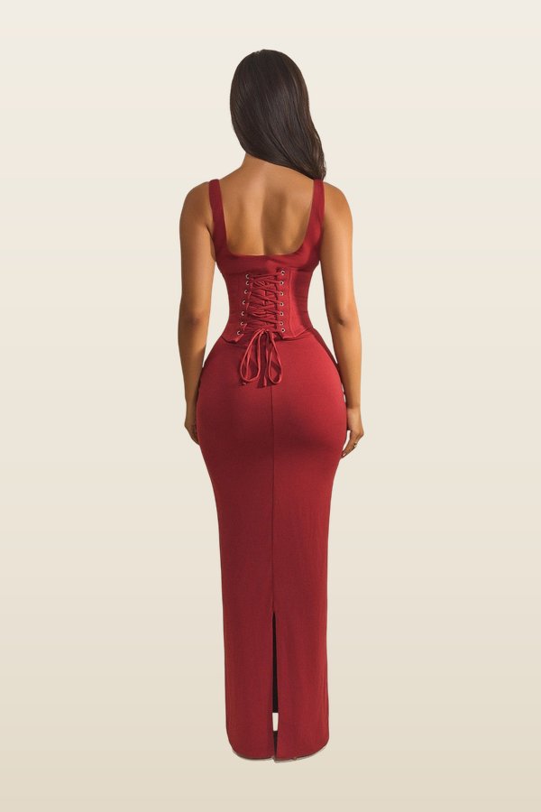 The Sandra Scoop Corset Maxi Dress — model back