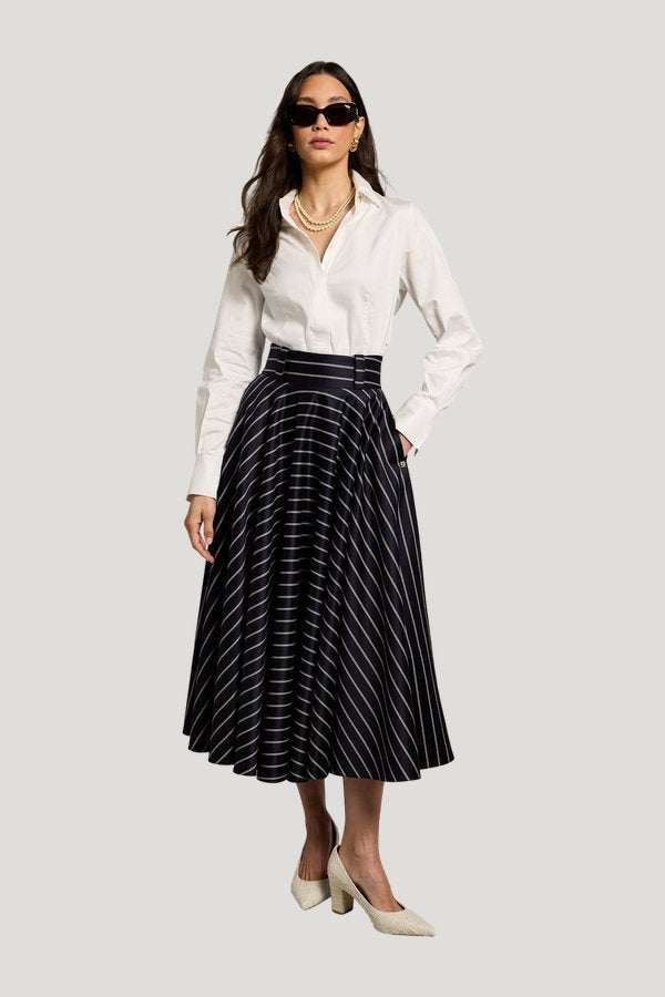 360 Maxi Circle Skirt (Ink Navy Wide Stripe) — model front