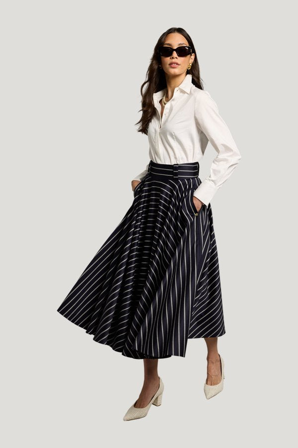 360 Maxi Circle Skirt (Ink Navy Wide Stripe) — model side