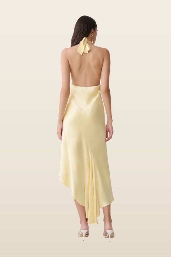 Adelie Asymmetric Hem Halter Midi Dress - Butter — model back