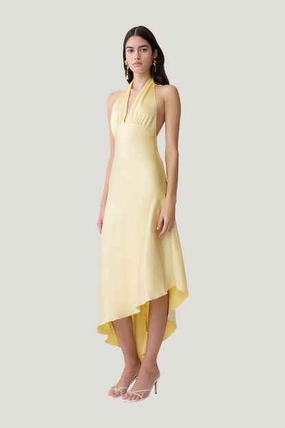 Adelie Asymmetric Hem Halter Midi Dress - Butter — model side