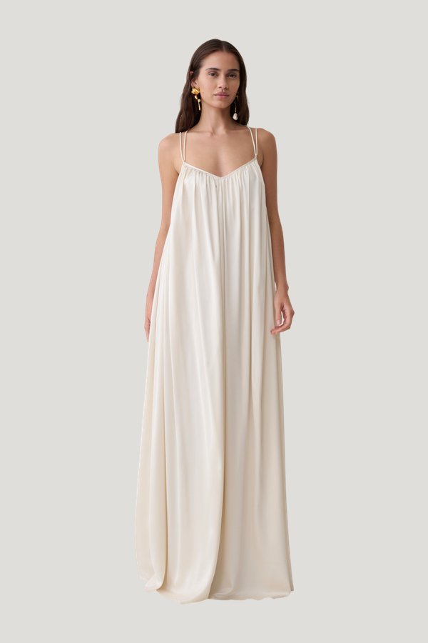 Adriana Satin Gathered Maxi Dress — model front
