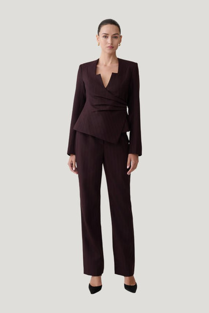 Agatha Straight Leg Suiting Pants - Plum Pinstripe — model front