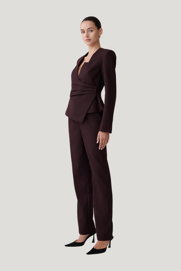 Agatha Straight Leg Suiting Pants - Plum Pinstripe — model side