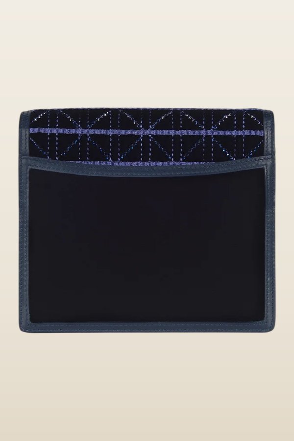 Alexa In Navy Embroidered Velvet And Crystal — model back