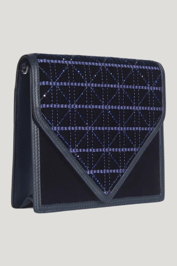 Alexa In Navy Embroidered Velvet And Crystal — model front