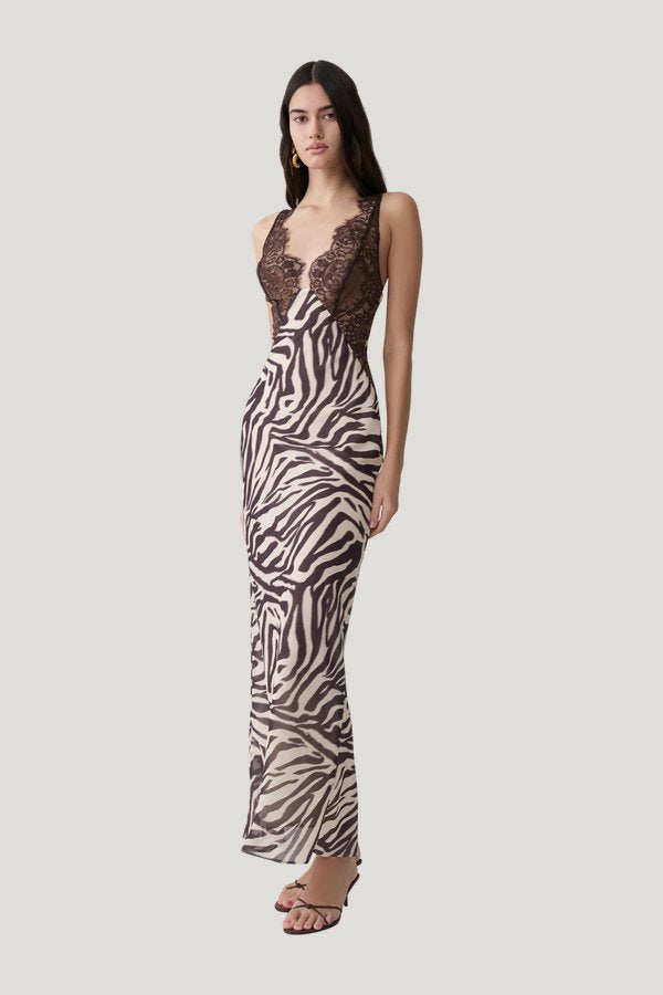 Angeline Lace And Chiffon Maxi Dress - Abstract Zebra Print — model side