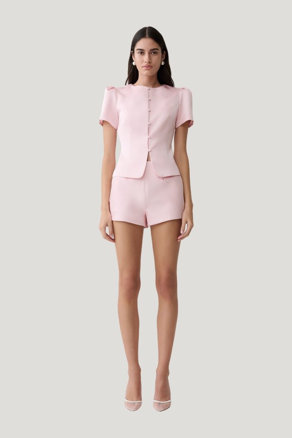 Anne Short Sleeve Satin Top — model front