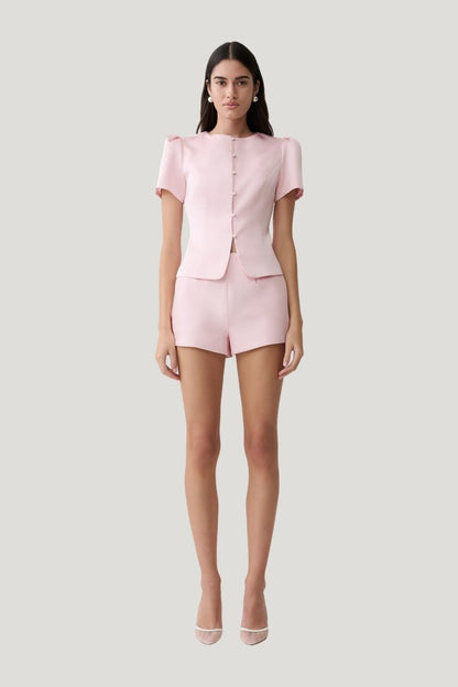 Anne Short Sleeve Satin Top — model front