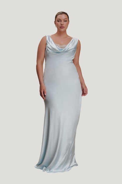 Ashley Cowl Neck Lace And Satin Maxi Dress - Ice — model front
