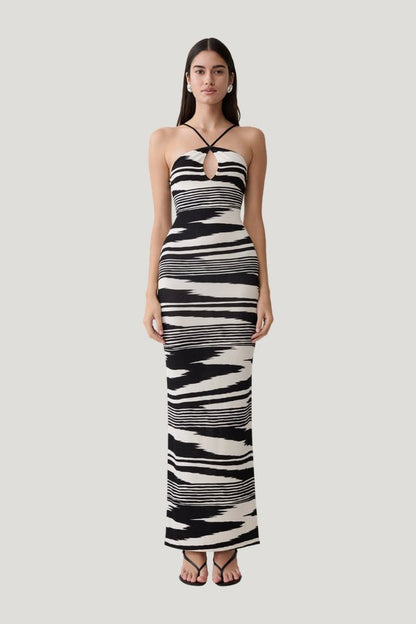 Ashtin Cross Front Knit Maxi Dress - Linear Shift Print — model front
