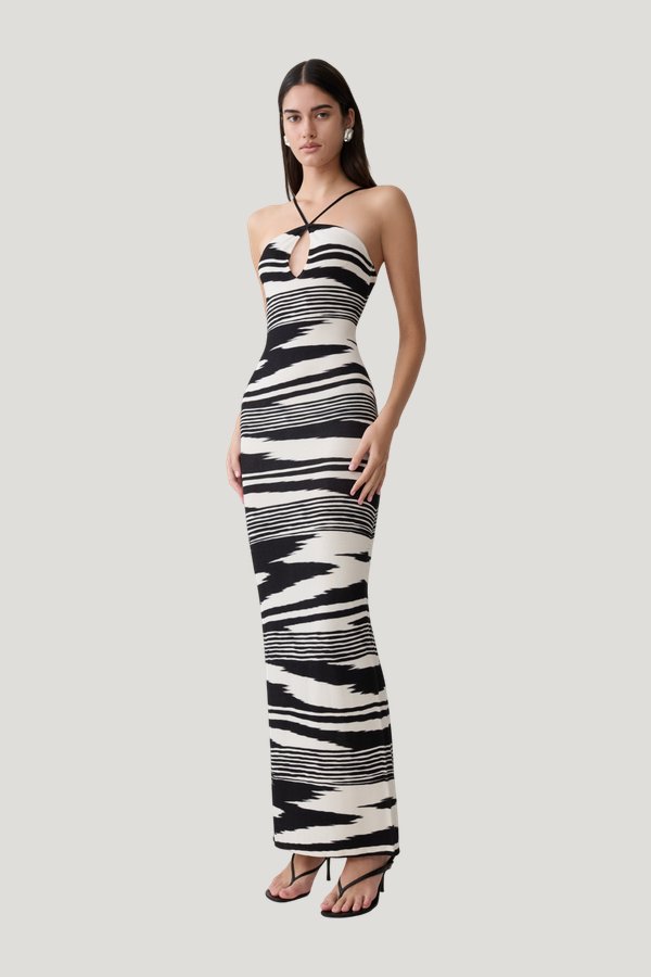 Ashtin Cross Front Knit Maxi Dress - Linear Shift Print — model side