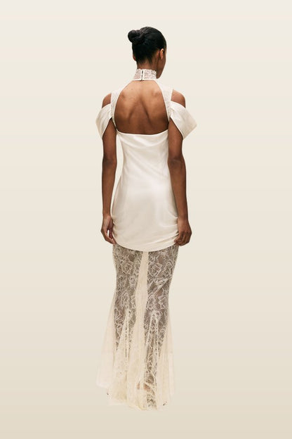 Belleza Maxi Dress In Ivory Silk Satin And Lace — model back