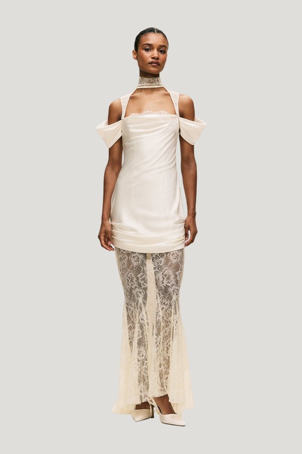Belleza Maxi Dress In Ivory Silk Satin And Lace — model front