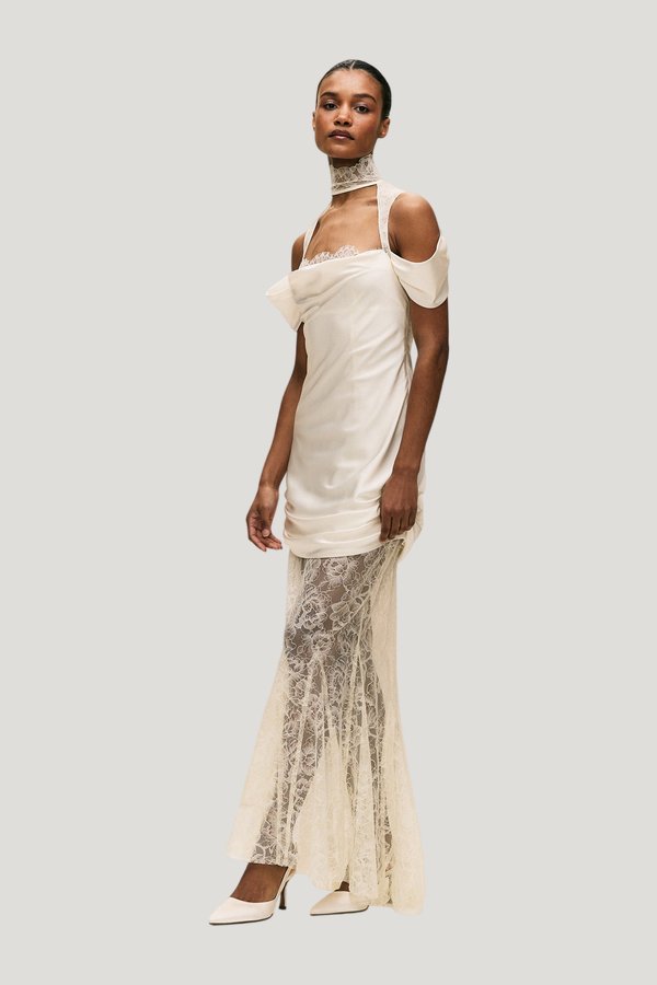 Belleza Maxi Dress In Ivory Silk Satin And Lace — model side