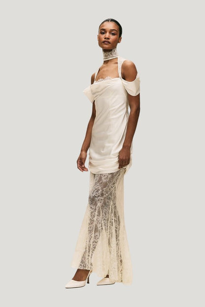 Belleza Maxi Dress In Ivory Silk Satin And Lace — model side