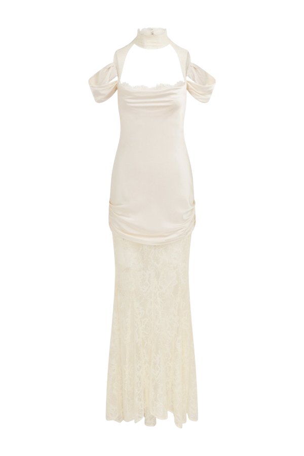 Belleza Maxi Dress In Ivory Silk Satin And Lace — packshot