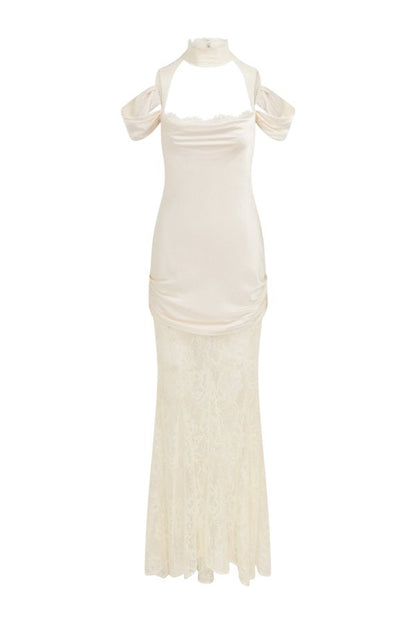 Belleza Maxi Dress In Ivory Silk Satin And Lace — packshot