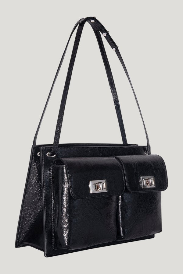 Billy Tote Black Creased Leather Shoulder Bag — model front
