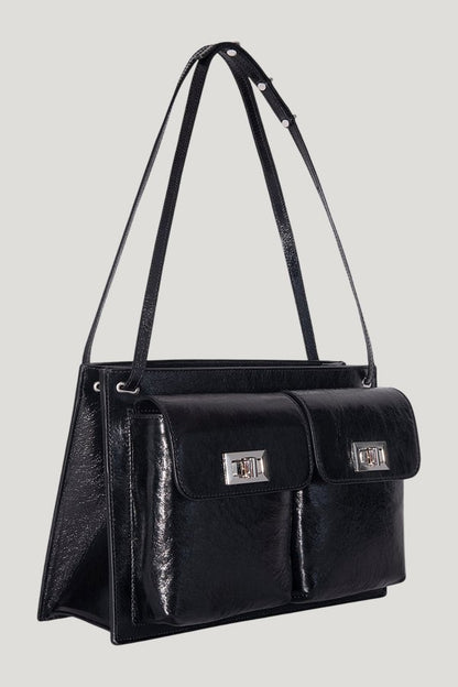 Billy Tote Black Creased Leather Shoulder Bag — model front