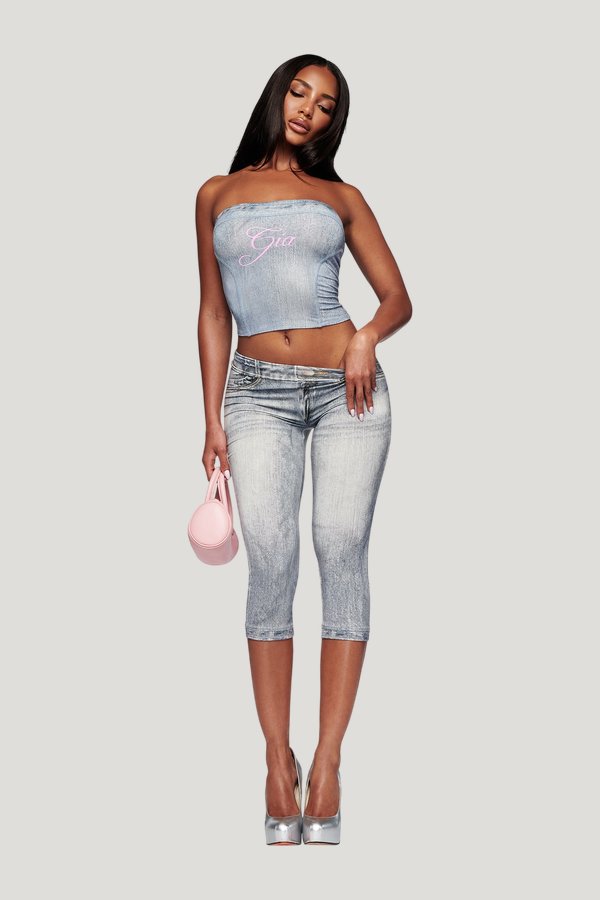 Blare Boob Tube - Denim Trompe L'Oeil — model front