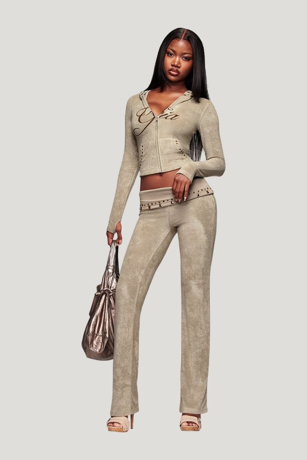 Blare Studded Terry Pant - Stone — model front