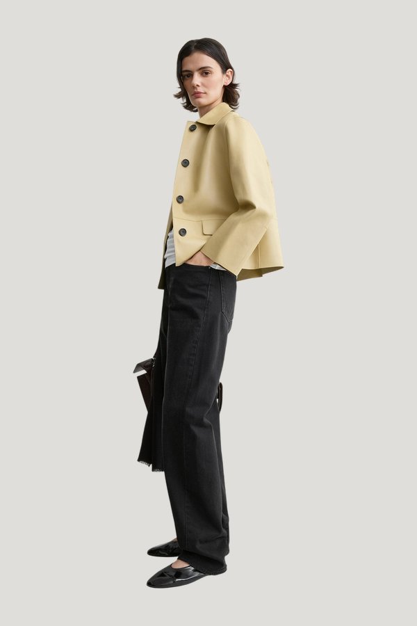 Bonded leather jacket chai — model side
