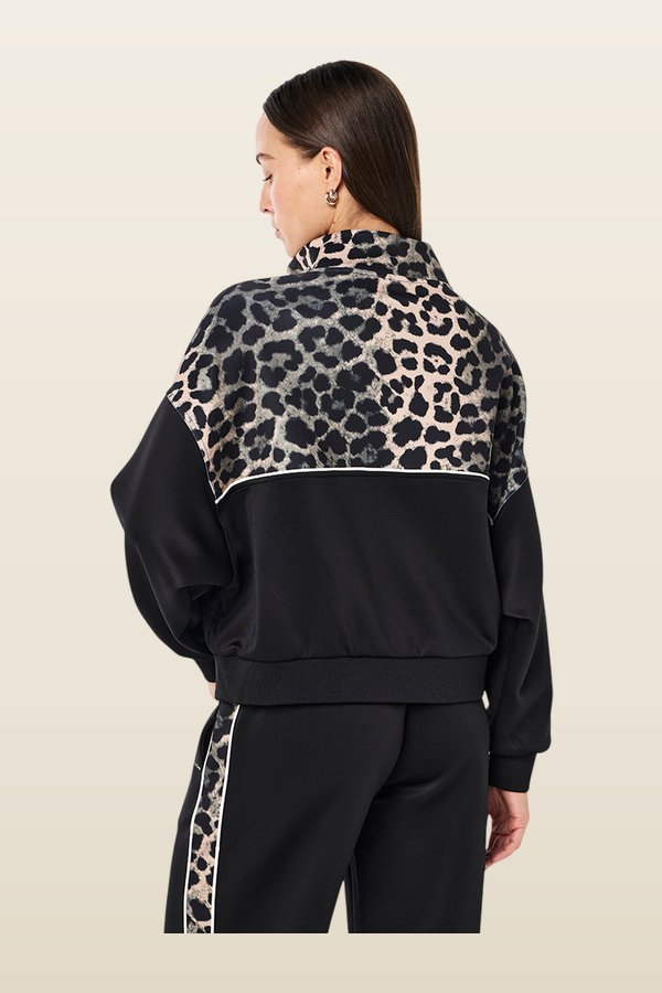 Boundless Zip Neck Sweat In Black & Leopard — model back