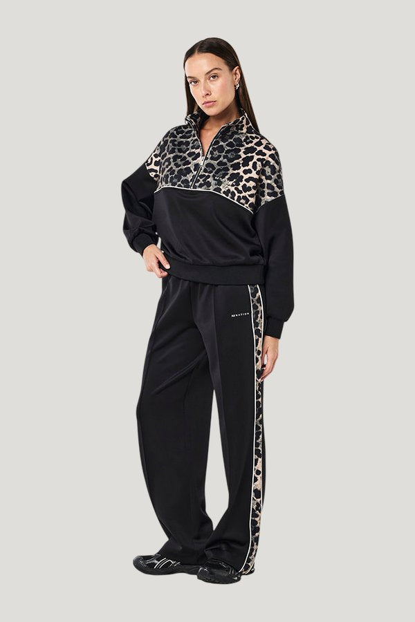 Boundless Zip Neck Sweat In Black & Leopard — model front