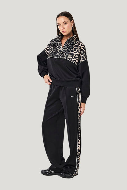 Boundless Zip Neck Sweat In Black & Leopard — model front