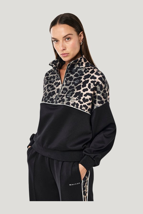 Boundless Zip Neck Sweat In Black & Leopard — model side