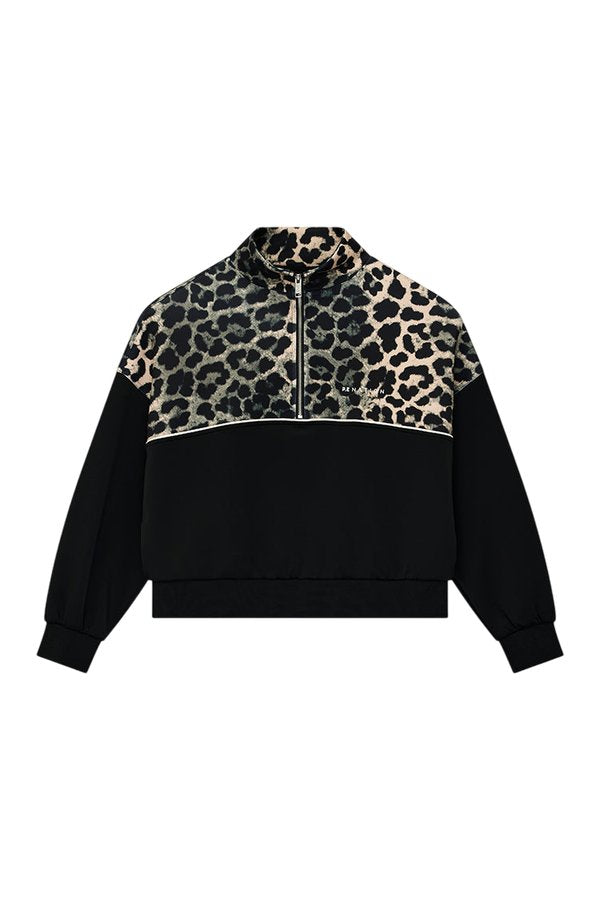 Boundless Zip Neck Sweat In Black & Leopard — packshot