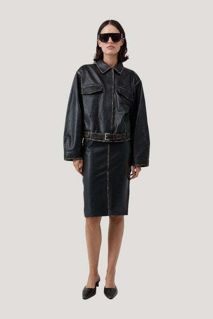 Brushed Leather Belted Jacket — model front
