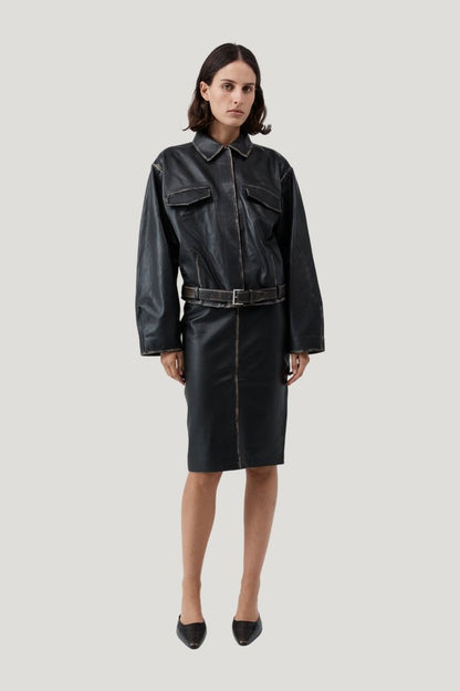 Brushed Leather Belted Jacket — model side