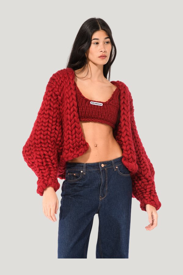 Burgundy Colossal Knit Cardigan — model side