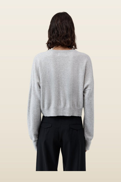 Cashmere Relaxed Cropped Cardigan - Grey Marle — model back