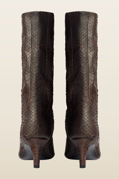 Cave Mid Calf Boot in Dark Brown Python Leather — model back