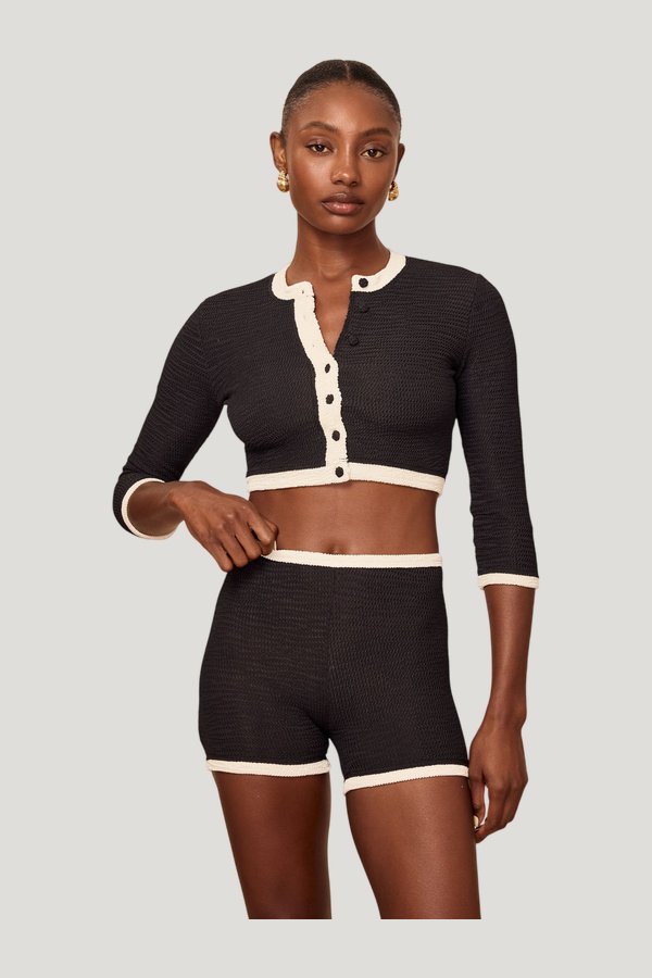 Crete Swim Cardi - Black/Ivory Crinkle — model front