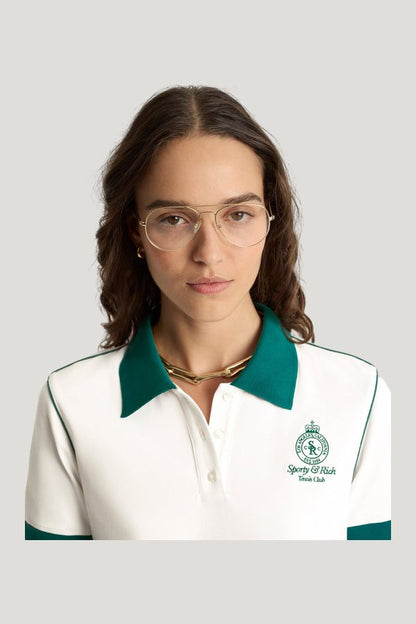 Crown 70s Pique Polo - White/Alpine — model side