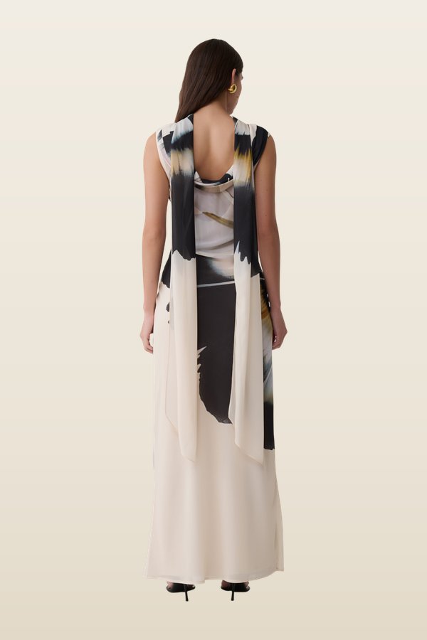 Dakota Chiffon Maxi Dress With Scarf - Ivory Oversized Floral Print — model back