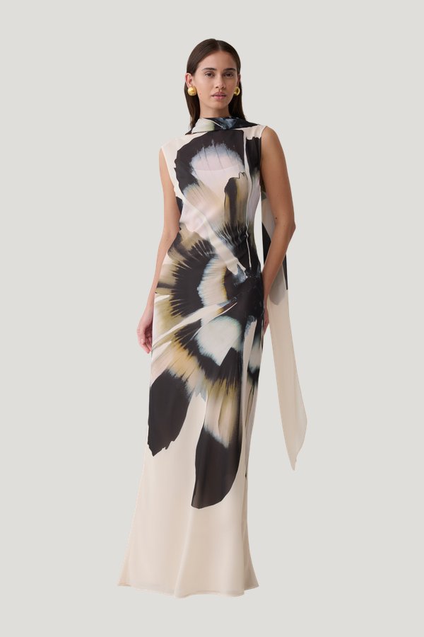 Dakota Chiffon Maxi Dress With Scarf - Ivory Oversized Floral Print — model front