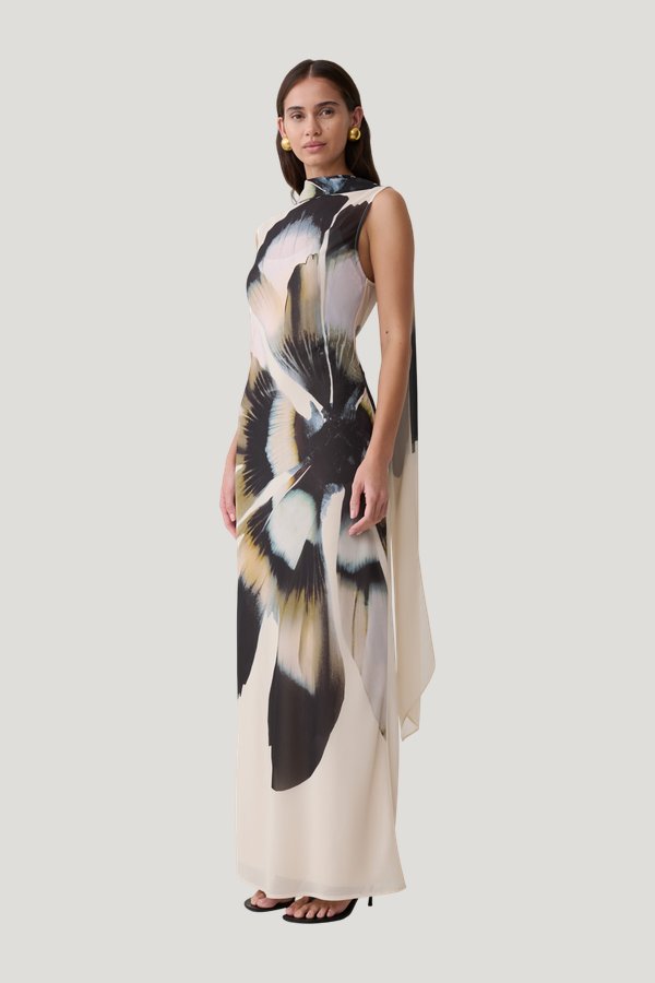 Dakota Chiffon Maxi Dress With Scarf - Ivory Oversized Floral Print — model side